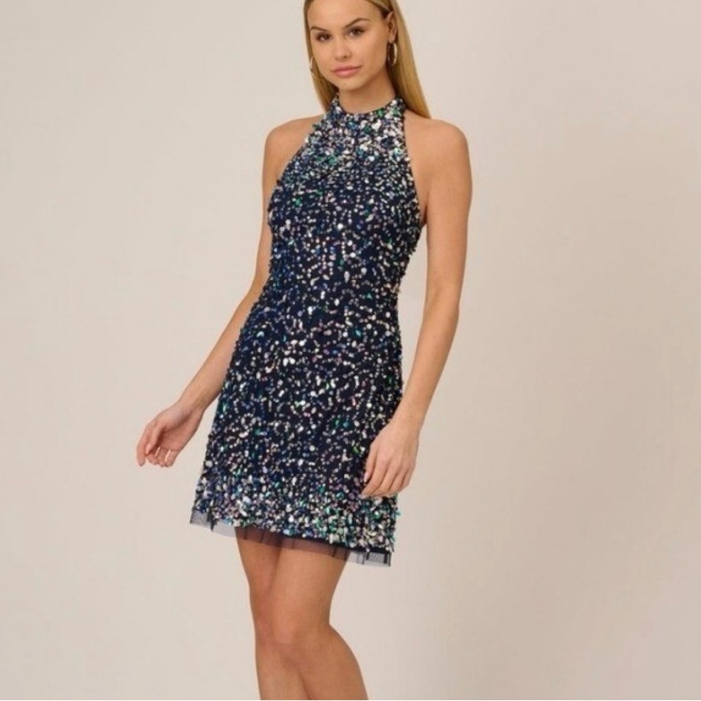 Aidan Mattox Navy and Silver Sequin Mini Dress